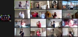 Screenshot from the Zoom Just Dance Event showing fifteen images of students in the midst of various dances