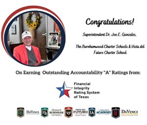 Congratulations to our Superintendent Dr. Joe E. Gonzales, The Burnham Wood Chart Schools and Vista del Futuro Chart School for getting an A Rating from the official Financial Integrity rating System of Texas!